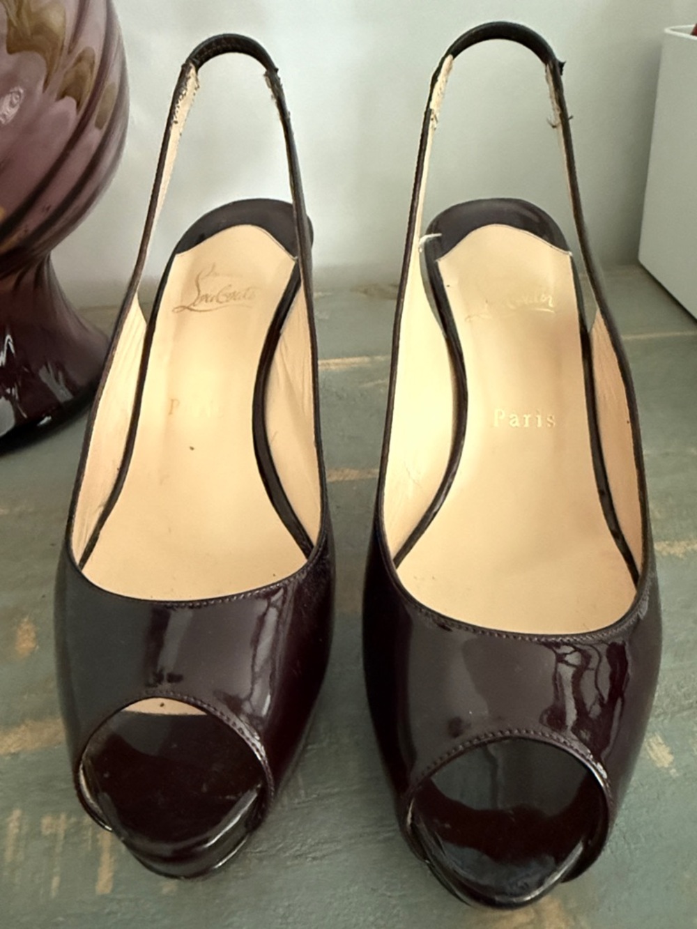 Christian Louboutin Women's Peep-Toe Slingback Heels in Dark Burgundy Patent
